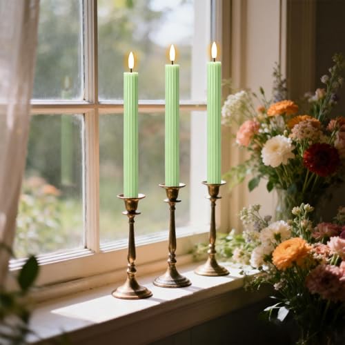 Image of Green Flameless Flickering Taper Candles Battery Operated with Remote and Timer, 3D Wick Real Wax Vertical Stripe LED Candlesticks Spring Dinner Wedding Home Decor(3 Pack, 0.79 inch D x 9.8 inch H)