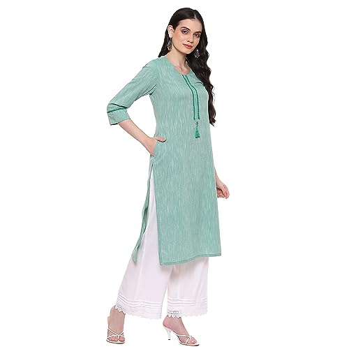 Image of Rangriti Green Polyester Straight Yarndyed Kurta for Women