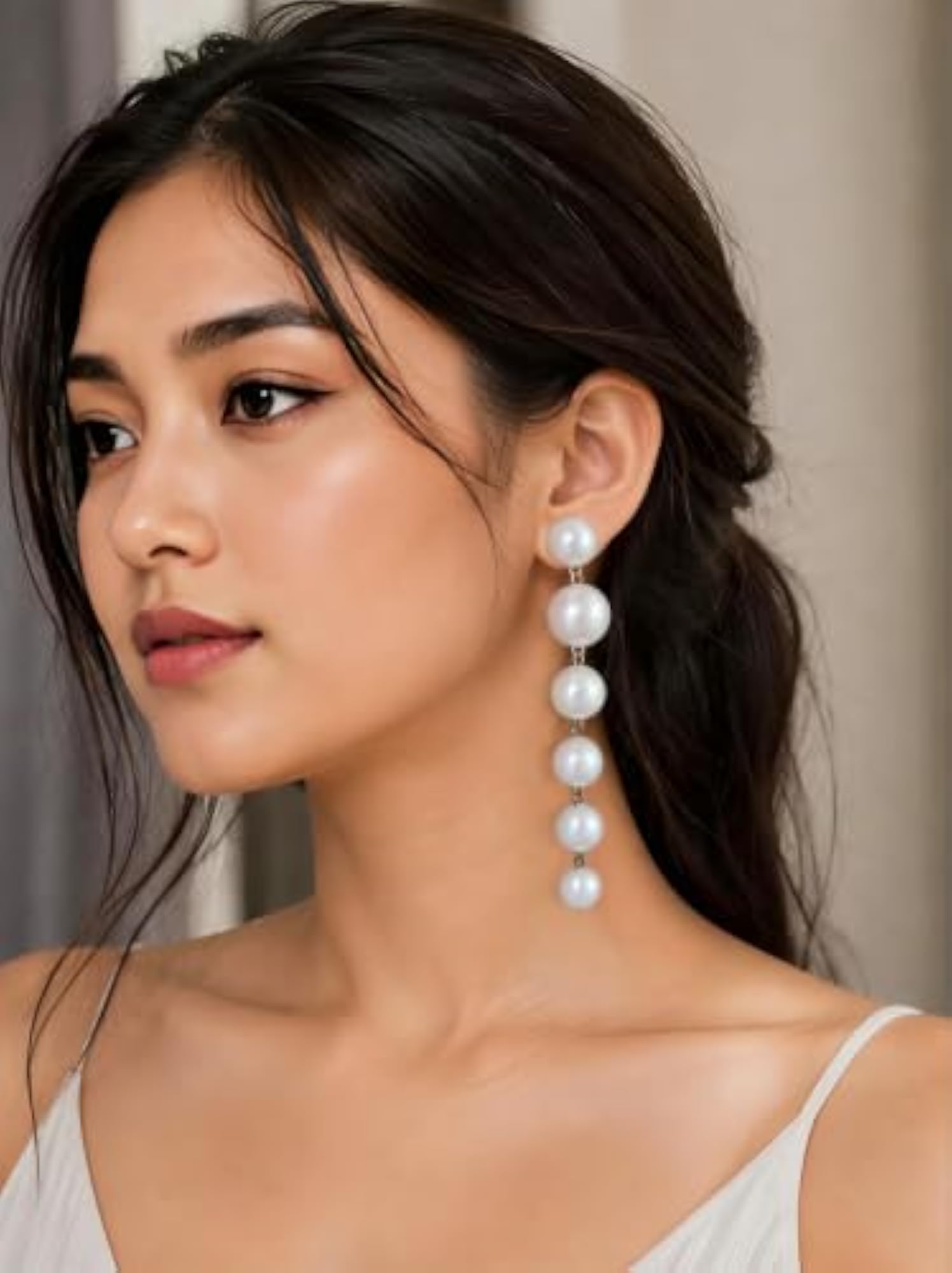 Pearl Drop Dangle Earrings, White Multi-Pearl Linear Chain