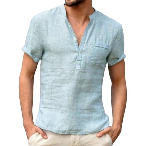 Men Solid Simple Short-Sleeved Shirt Stand Collar Button Semi-Cardigan Summer Street Cool Slim Thin T Shirts (Light Blue,XX-Large)