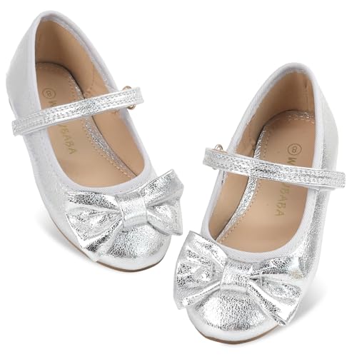 Wulubaba Toddler Girls Dress Shoes with Bow Mary Jane Ballet Flats for Flower Girl Wedding Party Toddler Little Kids Silver 12