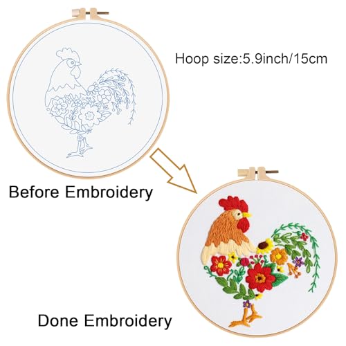 Image of Louise Maelys Funny Animal Embroidery Kits for Beginners,Cross Stitch Kit for Adults,DIY Needlepoint with Rooster and Flower Pattern