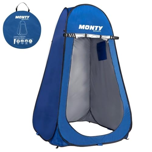 Tienda cambiador playa, camping ducha 1 adulto, 120x190 cm, tienda montaje Pop Up, bolsillo y puerta con cremallera doble, tejido Oxford azul, protección UPF+50 y waterproof, incluye 4 piquetas