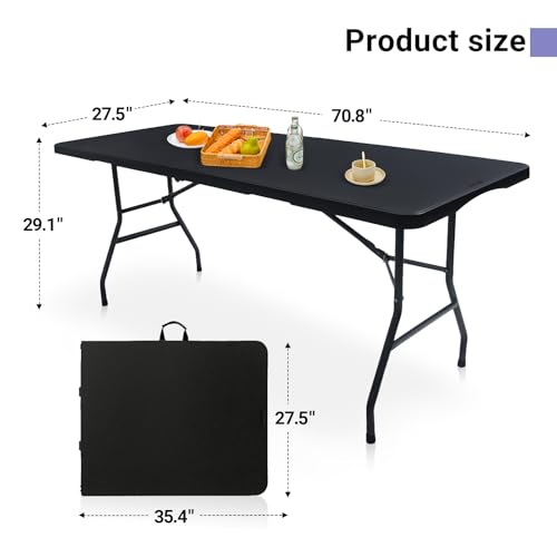Image of Byliable Black 6ft Portable Folding Table - Heavy Duty Plastic Fold-in-Half Table for Indoor & Outdoor Use, Utility Dining, Camping, Picnic, Party