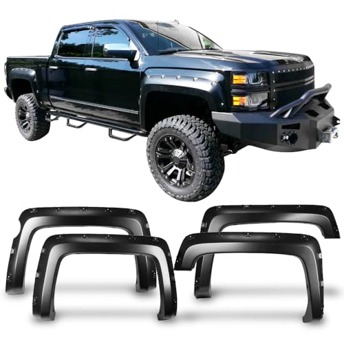 IKON MOTORSPORTS Fender Flares Compatible With 2014-2018 Chevy Silverado 1500 Short Bed Model Pocket Rivet Style Matte Black Finish PP Front Rear Right Left Wheel Cover Protector Vent Trim