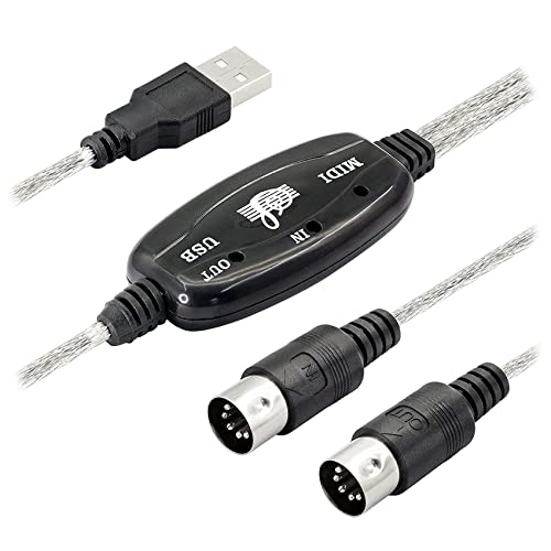 USB MIDI Cable Adapter, USB Type A Male to MIDI 5 Pin in-Out Cable Interface with LED Indicator for Music Keyboard
