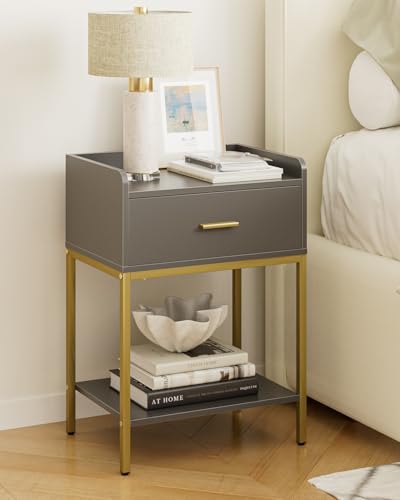 Image of Masupu Gray Nightstand,3-Tier Modern Bedside Table Night Stand with Storage Drawer and Shelf,Small End Side Table for Bedroom,Living Room,(Without Outlet,)