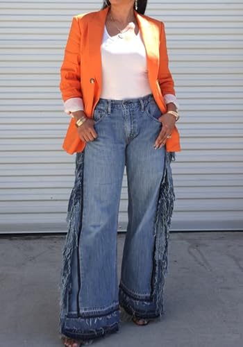 Tcremisa Womens Wide Leg Jeans High Waisted Baggy Jean Stretch Loose Fit Denim Pants Side Fringe Streetwear3