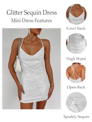 Image of MIYIEONZ Women's Sequin Sparkly Glitter Dress Sexy Sleeveless Backless Spaghetti Strap Party Club Bodycon Mini Dress