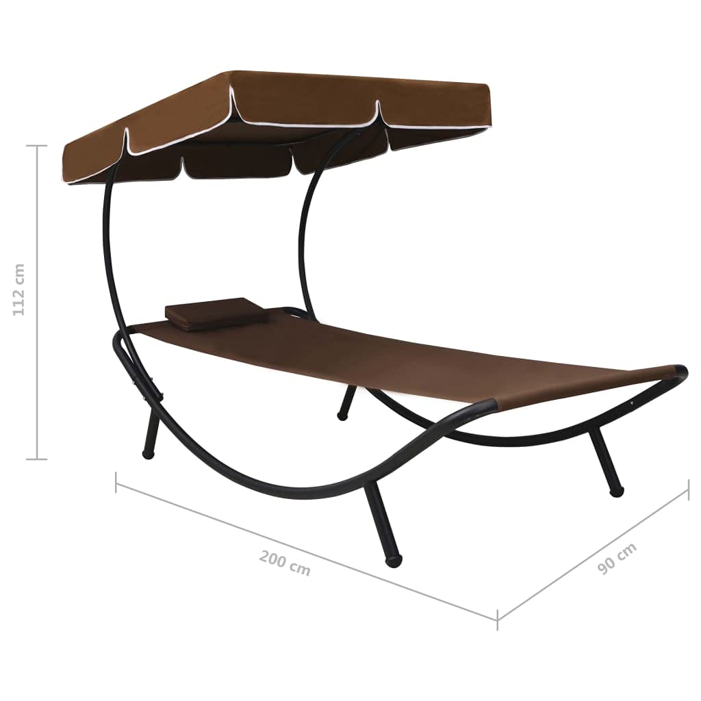 Lettino da Esterno con Baldacchino e Cuscino Marrone, Letto Relax da Giardino con Ombrello, Poltrona Pieghevole in Acciaio, Divano da Spiaggia per Patio, Piscina, Atmosferici, 200x90x112 cm