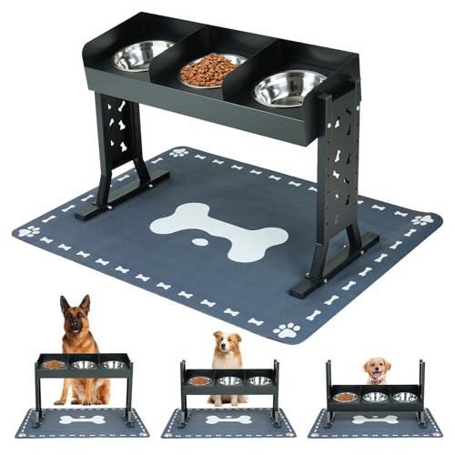 Elevated Dog Bowls for Large Breeds Triple Dog Bowl Stand with 3 Stainless Steel Bowls Adjustable Raised Dog Feeding Station Slow Feeder Anti-Gulping Design Heavy Duty