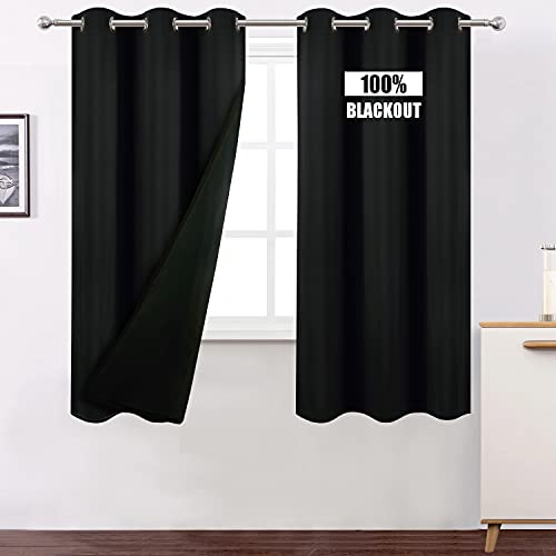 LEMOMO 100% Blackout Curtains 40 x 63 Inch/ Black Curtains 2 Panels with Black Lining Room Darkening Thermal Insulated Bedroom Curtains