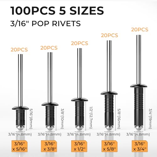 Image of INCLY 200Pcs 3 /16 Inches Pop Rivets Assortment Kit, 5 Sizes Aluminum Black Rivets for Metal 3 /16 inch x 5 /16 inch 3 /8 inch 1 /2 inch 5 /8 inch 3 /4'' and 304 Stainless Steel Washers with Storage Case