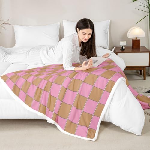 Image of Erosebridal Gaming Plaid Fuzzy Plush Throw Geometric Checkered Fleece Blanket Pink Brown Sherpa Blanket for Kids Boys Girls,Cute Checkerboard Decor for Bed Couch Queen 90 inchx90 inch