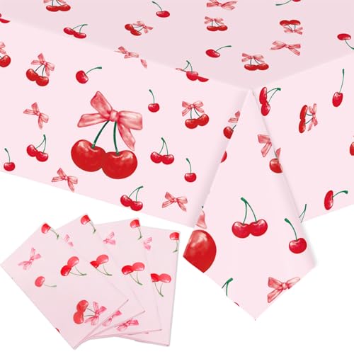 FujDun 4 Pcs Cherry Party Decorations Tablecloth, Plastic Waterproof Tablecover, Bow Cherry Tablecloth for Bachelorette Wedding Bridal Shower Baby Shower Birthday Party Supplies (54 inch x 108 inch)