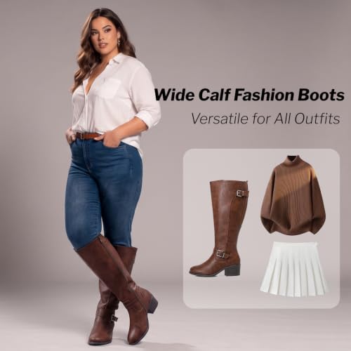 Image of Luoika Women's Extra Wide Calf Heeled Knee High Boots. | Wide Width, Winter Boots, Block Heel, Adjustable Buckle, Round toe
