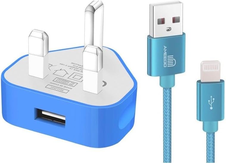 AMEEGO USB Data Sync Charging Cable Lead 1 Meter Braided Lead + USB Charger Adapter Plug For Phone's Compatible 6 6s 5s 6 PLUS 7 8 8 Plus XS XS Max XR X iPad iPod (Blue)