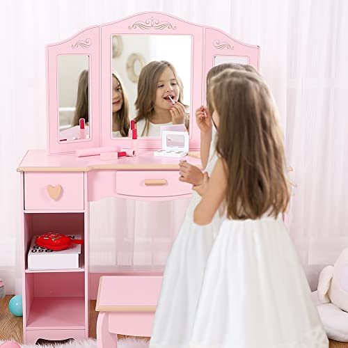 Garvee Tocador Infantil con Espejo de Tres Paneles y Taburete, Tocador para Niña con 3 Cajones y 4 Estantes Abiertos,Mesa de Maquillaje Princesa con Estantes, Mueble Dormitorio Infantil, Rosa
