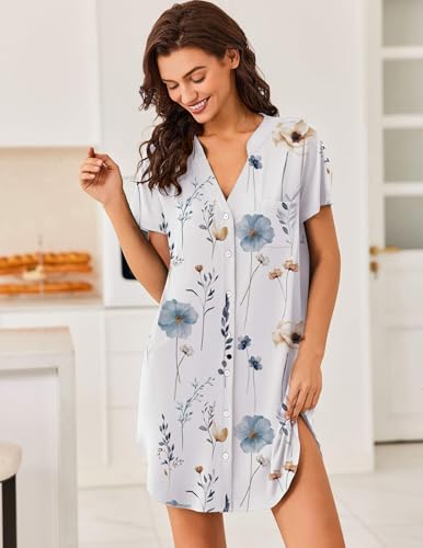 Image of Ekouaer Women V Neck Button Down Nightgown