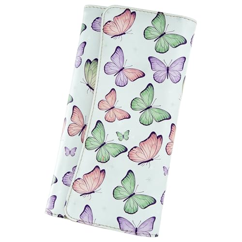 Image of Womens Wallet Leather RFID Blocking Trifold Ladies Purse long Clutch Credit Card Holder Phone Checkbook Organizer (Mint Lavender Butterflies)