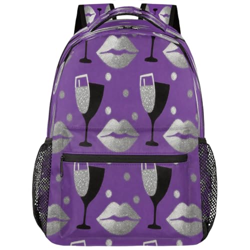 Mochila para laptop 15.6 ligera con estampado de labios plata