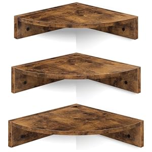 Homode Corner Shelf Wall Mount, Set of 3 Floating Corner Shelves with Cord Hole, 3 Tier Wood Wall Display Shelf, Storage for Bathroom Living Room Kitchen Bedroom, Rustic Brown and Black
