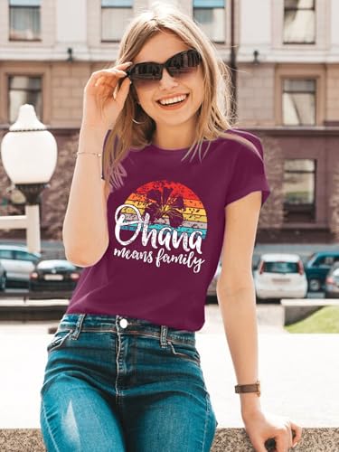 Image of Ohana Means Family Tshirt Women: Hawaii Tropical Graphic T-Shirt Summer Vacation Short Sleeve Tee Top