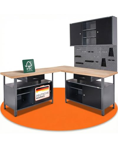 Ondis24 Werkstatt Set Ecklösung Classic One, Werkbank, 120 + 60 cm Buchenholzarbeitsplatte, Werkzeugschrank, Werkzeugwand Lochwand, Haken Set, Metall (Arbeitshöhe 85cm, schwarz)