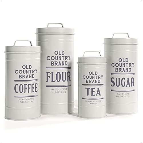 Barnyard Designs Decorative Nesting Kitchen Canister Jars with Lids, White Metal Rustic Vintage Farmhouse Container Decor for Flour Sugar Coffee Tea Storage, Set of 4, Largest is 5.5” x 11.25”