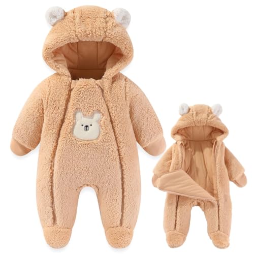 Image of Fairy Baby Newborn Baby Winter Snowsuit Bear Thick Romper Footie Double Zip Hooded Jumpsuit Fleece Coat Infant Boy Girl 0-12M