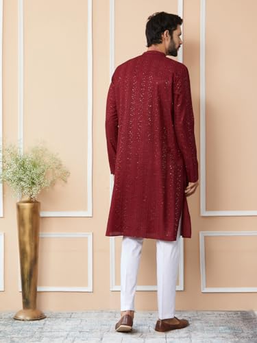 Image of See Designs Men's Long Sleeve Mandarin Collar Side Slit Embroidered Thread Work Sequinned Chanderi Silk Straight Kurta with Pyjama