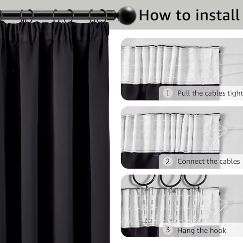 TOPICK Blackout Curtains 72 Drop Inch 2 Panels for Bedroom, Thermal Insulated Pencil Pleat Curtains for Living Room, Black out Window Treatment for Kids Room, W46 x L72 Inch, Black - Image 2