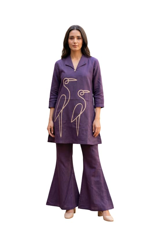 Women's Purple Embroidery Cotton Co-ord Set-image-39