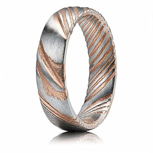 (6mm) Unisex or Women's Rose Gold and Damascus Tungsten Carbide Wedding Ring Band. Rose Gold and Silver Accented Wood Grain Swirl Design. One Year Warranty Included.