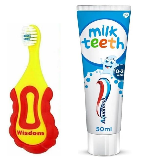 FitZenWisdom Step-by-Step Baby Toothbrush and Aquafresh Milk Teeth Babies Toothpaste 50ml Supersoft Toothbrush for Little Babies, Ages 0-2 Years