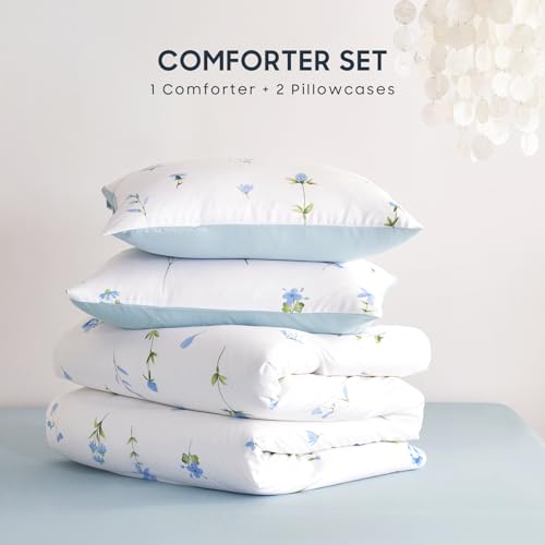 Image of Wake In Cloud - Floral Comforter Set, Cottagecore Cute Aesthetic Watercolor Tiny Flowers and Leaves, Soft Lightweight Bedding for Women Teen Girls, 3 Pieces, Blue, Full Size
