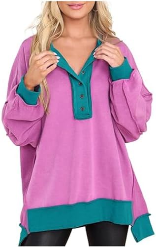 Womens Oversized Color Block Sweatshirt Button Henley Neck Long Sleeve Tops Trendy High Low Pullover Fall Y2K Clothes