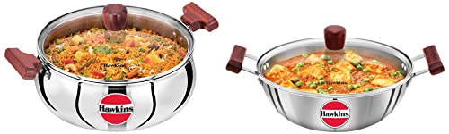 Image of Hawkins 5 Litre Cook n Serve Handi with Glass Lid & Tri-Ply Stainless Steel Induction Compatible Deep Kadhai (Deep-Fry Pan) with Glass Lid, 4 Litre