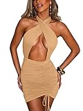 Women's Sexy Criss Cross Halter Tie Up Backless Drawstring Ruched Bodycon Mini Club Party Dress,Medium,Khaki