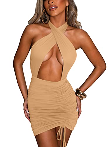 Women's Sexy Criss Cross Halter Tie Up Backless Drawstring Ruched Bodycon Mini Club Party Dress,Medium,Khaki