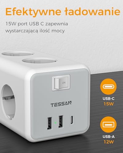 TESSAN 9 w 1 Listwa zasilająca USB C, przedluzacz elektryczny z 3 USB, 2M | listwy zasilające z wyłącznikami, 2M przedłużacz elektryczny, listwa USB do domu, biura, 3600W, szaro biały