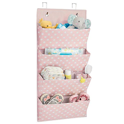 Image of mDesign Hanging Wardrobe Organiser – Four-Pocket Bedroom Storage Solution for Shoes, Clothes and Linens – Hanging Shelves Made of Synthetic Fabric with Polka Dot Pattern – Pink/White