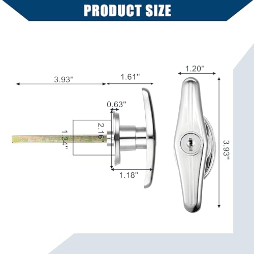 Image of Universal Garage Door Keyed T-Handle Lock Kit with 2 Keys /Shed Door Lock T Handle for Most Brands of Truck Caps Camper Recreational Vehicle Barns /Durable Chrome / 1 Set