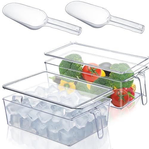 Havawish 4 Pcs Ice Storage Bin for Freezer with Lid and Flexible Scoop Set Plastic Ice Container with Lid Handle for Home Office Fridge Storage (12.4 x 8.07,12.4 x 5.91 Inches,Clear)