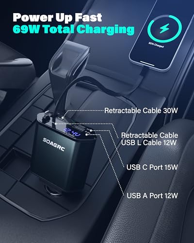 Soagrc Retractable Car Charger 69W, 4 in 1 Fast Charging Car Accessories for iPhone 16/15/14, Android Compatible, USB C, Travel Essentials Gifts for Men & Women