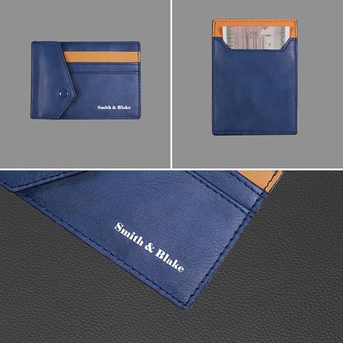 Image of Smith & Blake - Credit Card Holder Wallet for Men and Women -3 ATM Card Slots - Snap Button Pocket - Back Pocket - Blue Premium Leatherette - Prospero (Blue)