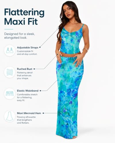 Image of Two Piece Skirt Set Women Maxi Long Skirt and Top Outfit | Soft stretchy 5 pc, slim bodycon, adjustable spaghetti straps, ruched crop tank, elastic waist, going out, beach vacation