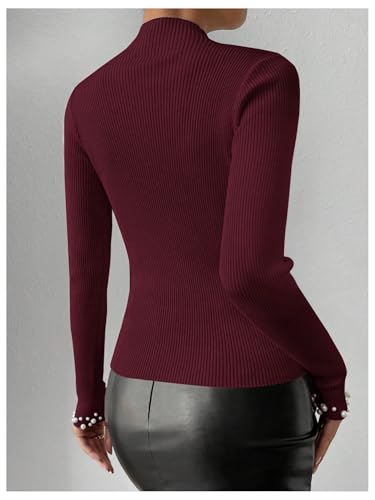 WDIRARA Women's Pearls Beaded Sweater Rib Knit Mock Neck Long Sleeve Tops Slim Fit Casual Pullovers3