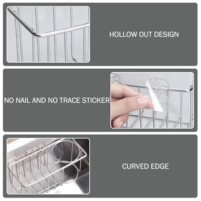Sink Sponge Holder Stainless Steel Kitchen Sink Caddy with Hanging Pole Wall Mount Dish Brush Holder with Adhesive