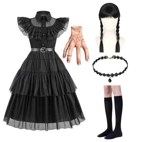 ABC.icos Halloween-Kostüm-Kinderkleid mit Kniestrümpfen Mittwoch Peter-Pan-Kragen-Cosplay Schwarze Mädchen Kostüm-Karneval-Kostüm-Mädchen 160
